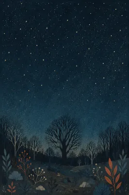 Starry Night Sky Over Rural Woodland