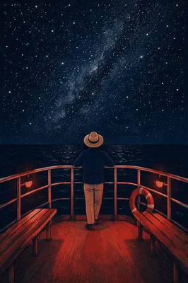 Solitary Figure Beneath a Starry Sea Sky