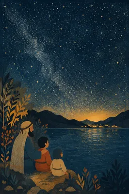Starry Lakeshore Night with Golden Horizon