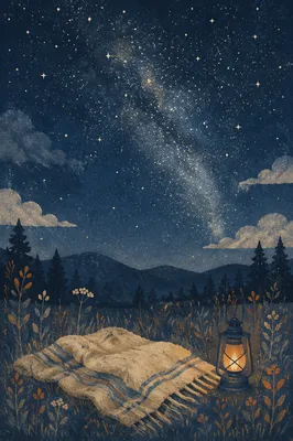 Starry Meadow Night with Warm Lantern