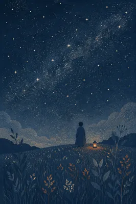Starry Meadow Night with Distant Figure