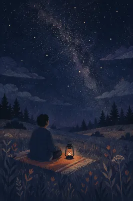 Contemplative Figure Beneath Starry Countryside Sky