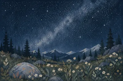 Starry Night Sky Over Alpine Meadow