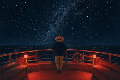 Solitary Figure Beneath Starry Ocean Sky