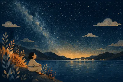 Starry Lakeshore Under Midnight Sky