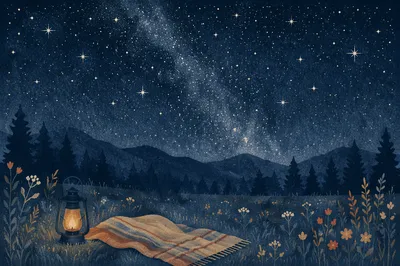 Starry Meadow Night with Warm Lantern