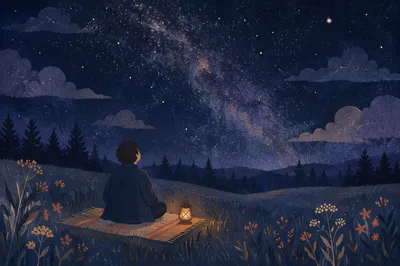 Contemplative Meadow Beneath Starry Night Sky