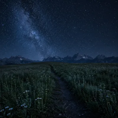 Starry Night Sky Over Alpine Meadow