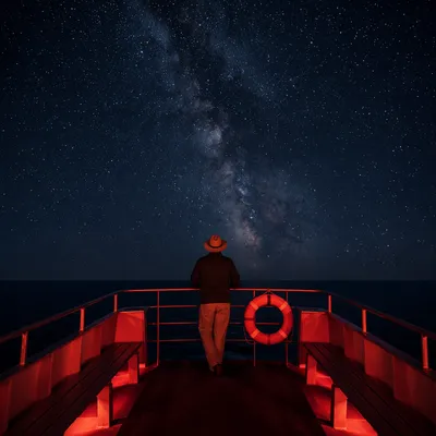 Solitary Figure Beneath a Starry Ocean Sky