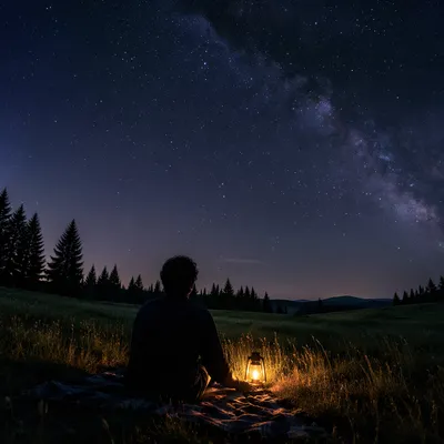Contemplative Meadow Beneath Starry Night Sky
