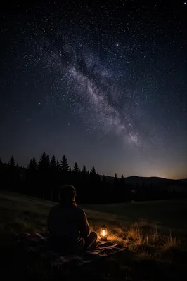 Contemplative Figure Beneath Starry Meadow Sky