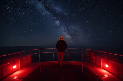Solitary Figure Beneath Starry Ocean Night