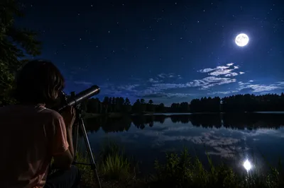 Stargazing by Moonlit Lake at Night