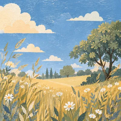 Sunny Summer Meadow Under Blue Sky