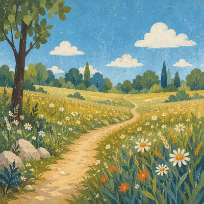 Sunny Wildflower Meadow Under Blue Sky