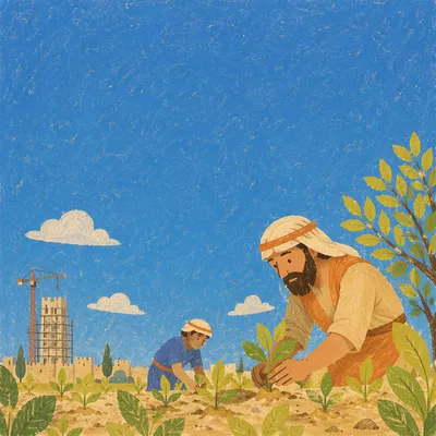Sunny Vineyard Shoots Under Vast Blue Sky