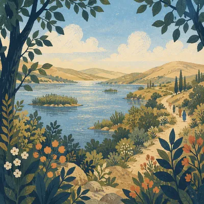 Sunny Summer Lake Overlook Through Green Foliage