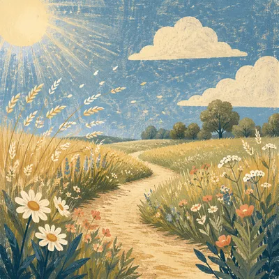 Sunny Meadow Path Under Blue Sky