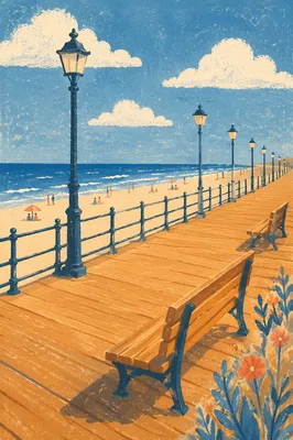 Sunny Coastal Boardwalk Under Blue Summer Sky