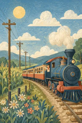 Sunny Summer Train Through Green Countryside