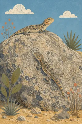 Desert Lizards Resting on Sunlit Granite Boulder