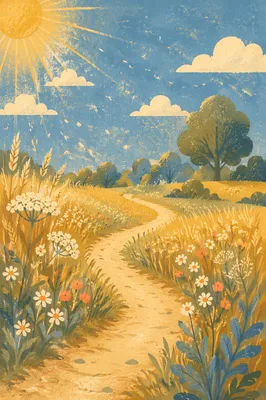 Sunny Summer Meadow Path Under Blue Sky