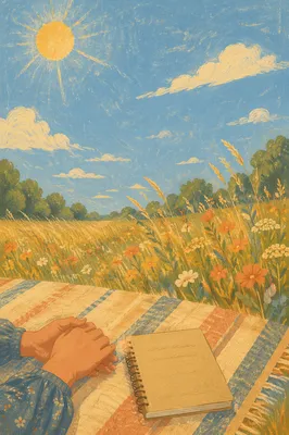 Sunny Summer Meadow Reflection Under Blue Sky