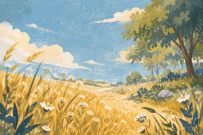Sunlit Summer Meadow Under Clear Blue Sky