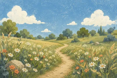 Sunny Wildflower Meadow Under Blue Sky