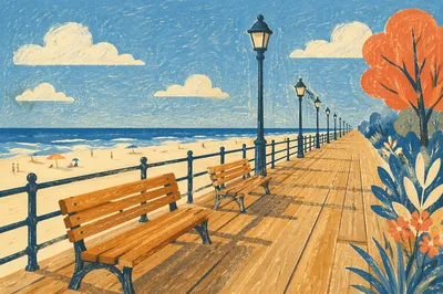 Sunny Coastal Boardwalk Under Blue Summer Sky