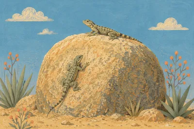 Desert Lizards on Sunlit Summer Boulder