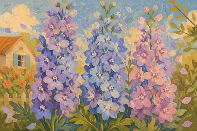 Sunlit Summer Delphiniums in Cottage Garden