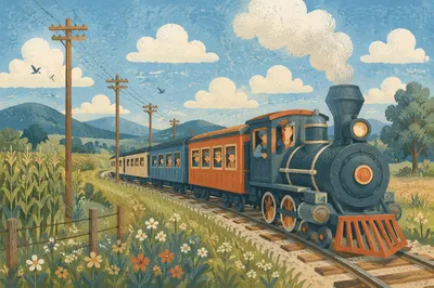 Sunny Summer Train Through Green Countryside