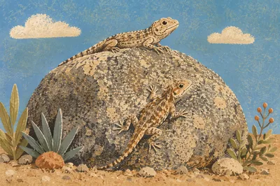 Sunlit Desert Lizards on Granite Boulder