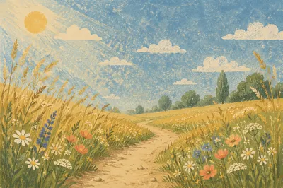 Sunny Meadow Path Under Blue Sky