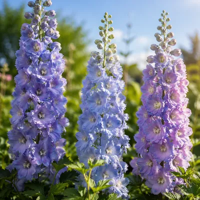 Sunny Summer Delphiniums in Cottage Garden