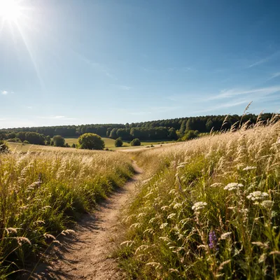 Sunny Meadow Path Under Blue Summer Sky