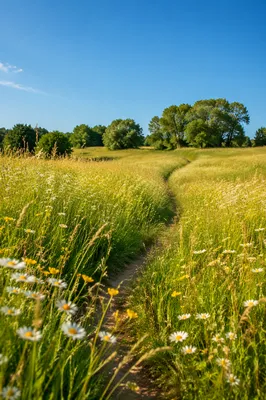 Sunny Wildflower Meadow Under Blue Sky