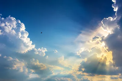 Summer Cumulus Clouds with Golden Sun Rays