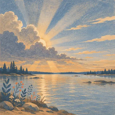 Sun Rays Over Serene Golden Hour Lake