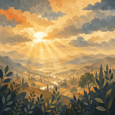 Sun Rays Breaking Through Mountain Clouds