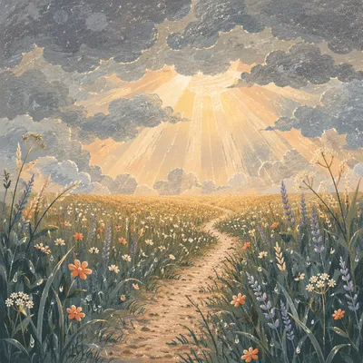 Sun Rays Over Stormy Meadow Path