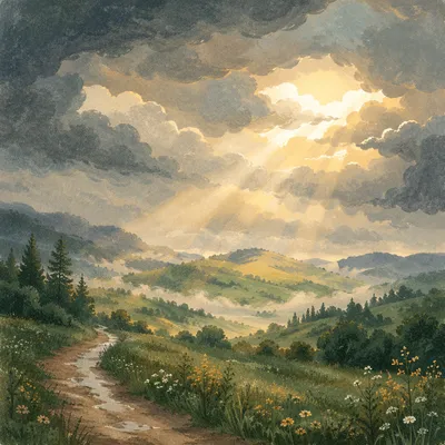 Sun Rays Over Misty Green Valley