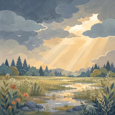 Sun Rays Breaking Over Rainy Meadow