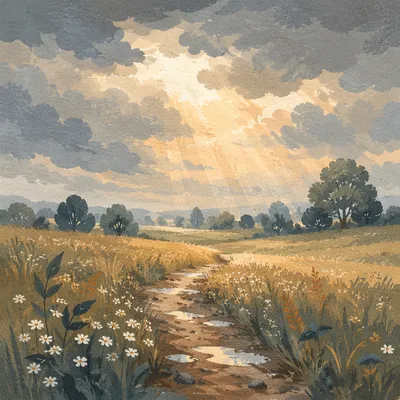 Sun Rays Over Rain Washed Meadow