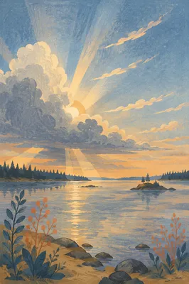 Sun Rays Breaking Through Lakeside Clouds