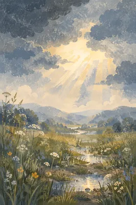 Sun Rays Through Storm Clouds Meadow