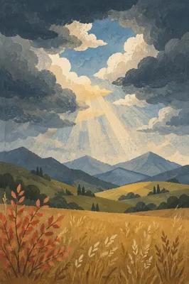Sun Rays Breaking Through Storm Clouds Over Meadow