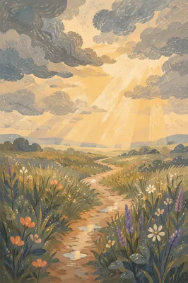 Sun Rays Over Stormlit Meadow Path