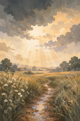 Sun Rays Over Rain Washed Meadow